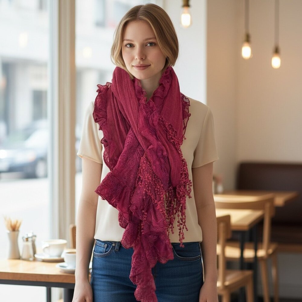 Coldwater Creek Ruffled Lacy Scarf Burgundy Red #335C
